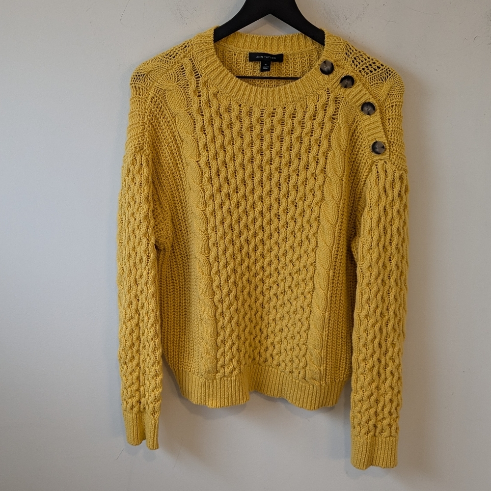 Ann Taylor 2022 Mustard Yellow Women's Cotton Blend Fisherman Cable Knit Sweater - Picture 2 of 7